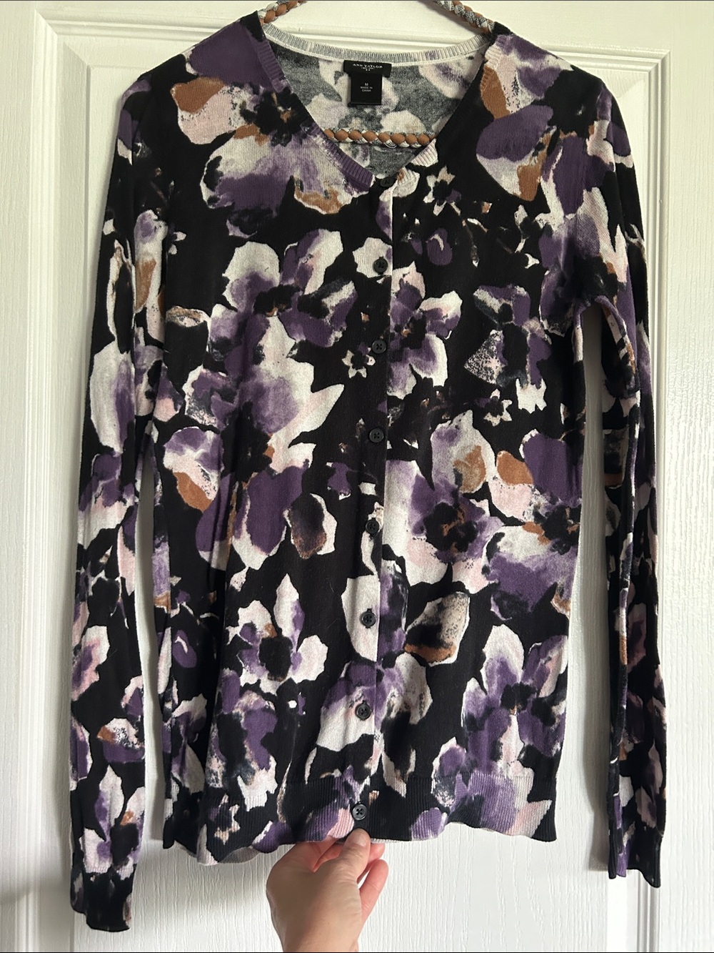 Ann Taylor Black Floral Cardigan with Purple and Tan Accents